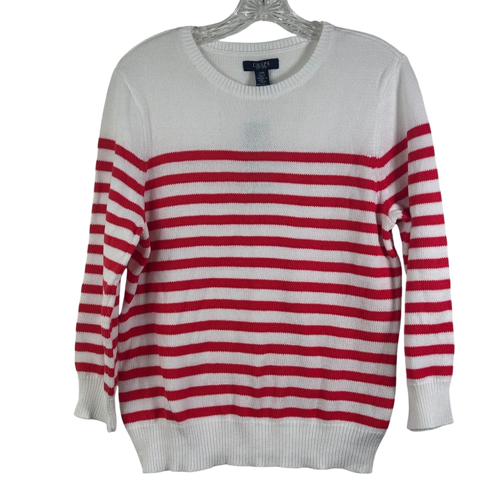 Chaps Womens White Red Striped Cotton Crew Neck Sweater Large